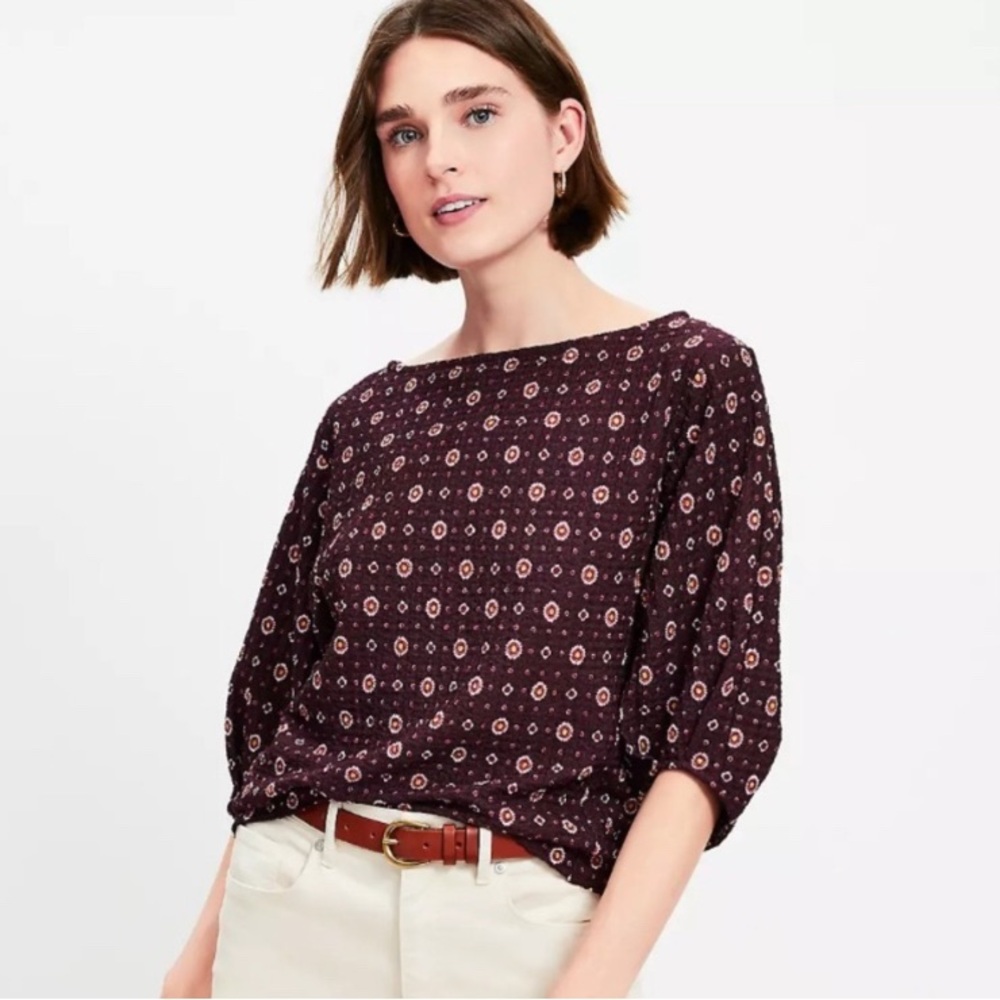 LOFT Burgundy Plum Floral Smocked Neck Bubble Sleeve Blouse Small